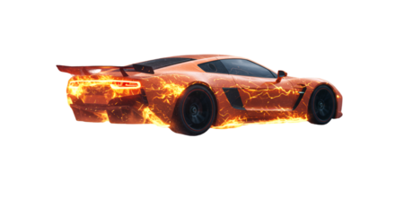 Orange sports car in flames on Transparent Background