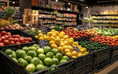Fresh organic fruits and vegetables at a vibrant market stall