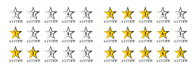 Rating stars set with 1 to 5 levels, black outline and yellow fill variations, ideal for reviews, feedback forms, or ranking systems.