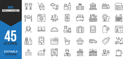 Hotel & Accommodation Icon Set – Thin Line, Editable Stroke Travel & Hospitality Icons

