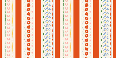 Seamless pattern with ink doodle abstract flowers and strokes in vertical stripes. Trendy cottage core background. Hand drawn vector illustration. Boho, beach, preppy wallpaper.