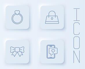 Set line Diamond engagement ring, Handbag, Gift bow and Mobile with heart. White square button. Vector