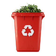 A bright red recycling bin brimming with lush greenery, symbolizing environmental conservation and waste management