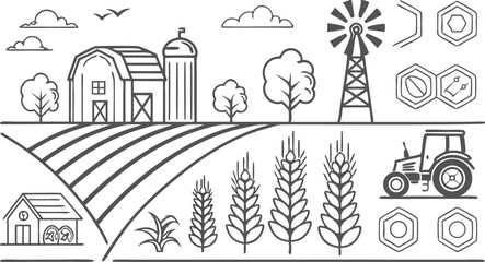 Farmer icons set. Outline set of farmer vector icons for web design isolated on a seamless vector doodle illustration in black and white background.