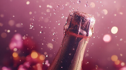 Pink Champagne Bottle with Bubbles on Sparkling Background