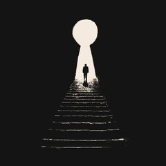 Man Climbing Stairs Toward a Keyhole-Shaped Door of Light – Symbolic Illustration of Escape and Awakening