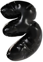 3D Black inflatable number 3 with a glossy plastic effect, inflated balloon style typography for trendy futuristic design