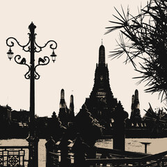 Wat Arun Temple and Bangkok Skyline – Artistic Illustration of Thailand’s Cultural Landmark