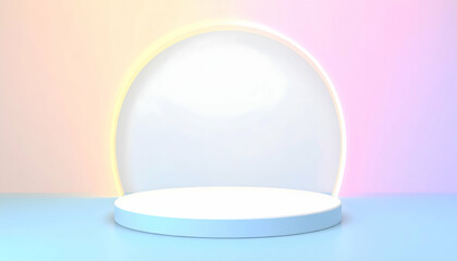 Pastel-Colored Product Display with Circular Podium and Neon Lighting