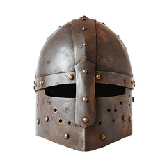 An aged metal helmet, a symbol of medieval history, stands as a reminder of battles and valor