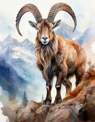 Obraz premium Steinbock auf felsigem Gebirgskamm – Aquarell in Naturtönen