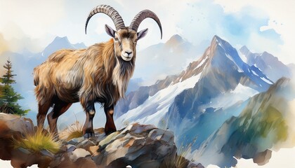 Obraz premium Steinbock auf felsigem Gebirgskamm – Aquarell in Naturtönen