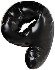 3D Black inflatable number 9 with a glossy plastic effect, inflated balloon style typography for trendy futuristic design