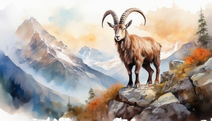 Steinbock auf felsigem Gebirgskamm &ndash; Aquarell in Naturt&ouml;nen