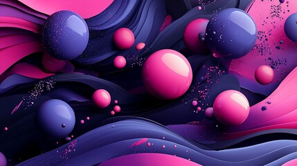 Abstract art with pink & purple spheres on flowing waves