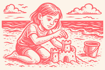 Retro style illustration of a young girl building a sandcastle on the beach. Vintage vector art depicting childhood summer fun by the sea with a bucket.