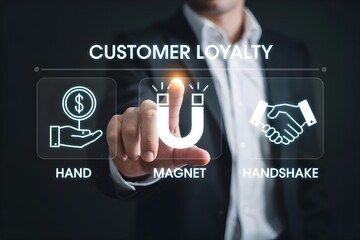 Customer Loyalty and Retention Concept &ndash; Businessman Touching Loyalty Icons on Virtual Screen Representing Strong Brand Relationships