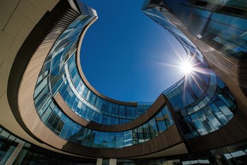Obraz premium Contemporary glass building with curved design and reflective facade