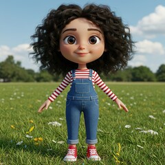 Cartoon characters childrens, Brunette Girl with Curly Hair and Overalls.