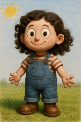 Cartoon characters childrens, Brunette Girl with Curly Hair and Overalls.
