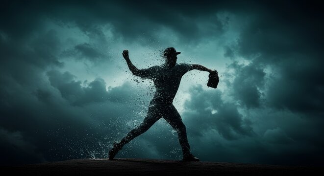 Baseball Pitcher in Action with Water Disintegration Against Stormy Skies - Powered by Adobe