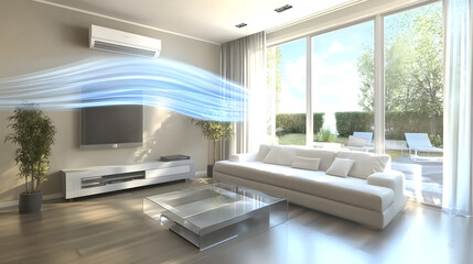 Fototapeta premium Minimalist Living Room with Flowing Air Conditioner Breeze