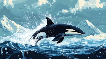 Obraz premium Orca leaping through a cool arctic ocean.