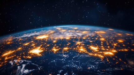 Earth From Space with City Lights and Starry Sky
