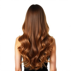 Fototapeta premium Back view of young woman with beautiful curly brown hair, white background highlights natural coloring, focus on hair for gentle care concept