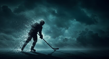 Fototapeta premium Dynamic hockey player disintegrating into water, against a stormy backdrop