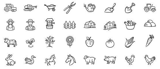 Naklejka premium Farm Building and Animal Outline Icons