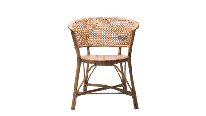 Rattan chair with a curved backrest and seat, showcasing intricate woven patterns, isolated on...