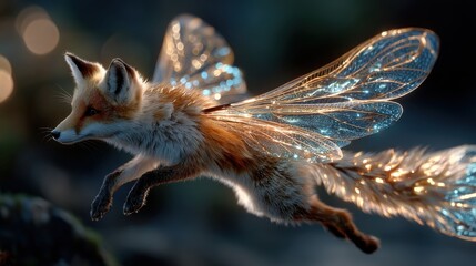 Fantasy fox with glowing fairy wings flying in magical night forest setting perfect for children&rsquo;s stories, fantasy book covers and whimsical creature illustrations