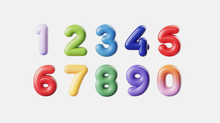 3D model of colorful numbers 1234567890 on white background, playful children's style, vibrant and fun design
