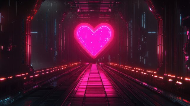 Glowing pink heart in futuristic tunnel - Powered by Adobe