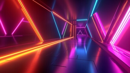 Vibrant neon lights illuminate a futuristic, geometric corridor