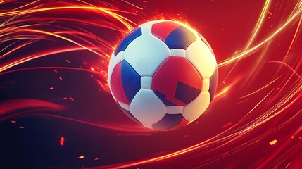 Fototapeta premium Soccer ball in motion against a background of fiery streaks.