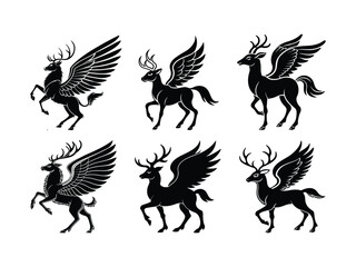 Set of Six Winged Deer Illustrations in Black Silhouette Style 