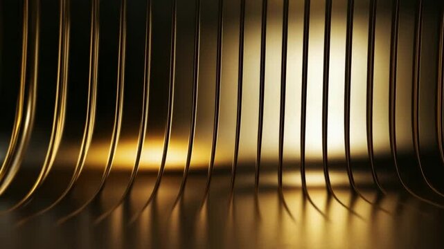 Close up of golden metal fork tines with warm light reflection and soft shadows, creating elegant abstract pattern in kitchen with metallic curves and smooth golden highlights