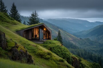 Obraz premium Eco-Friendly Cabin on Green Hillside Under Cloudy Sky