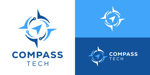 Creative modern compass tech logo template. Simple compass with technology symbol for north tech logo design vector illustration.