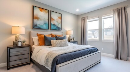 Artistic modern bedroom with framed paintings and soft palette