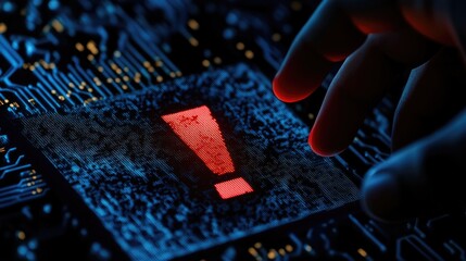 Red alert! A hand interacts with a digital warning sign on a circuit board