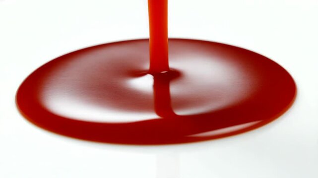 tomato ketchup pouring in slow motion on white background, thick red sauce stream forming glossy swirl for food commercial, cooking content, or culinary