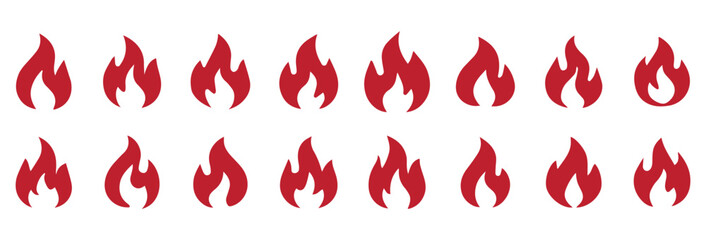 Fire icon set – flame silhouettes in red for hazard or heat themes