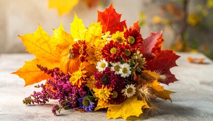Vibrant Autumn Bouquet with Pumpkin on a Rustic Surface