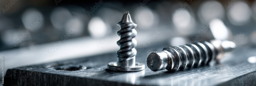 Aufkleber drill and screws placed on a steel sheet surface with a soft focus background in a crafting workspac