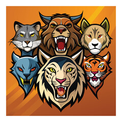 Wild Animals Heads Logo Mascot Set Lion Tiger J