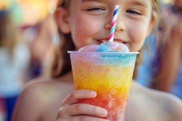 A child smiles brightly while sipping a vibrant slushie with a striped straw. The joyful atmosphere of a summer festival is evident in the background, highlighting the seasons excitement