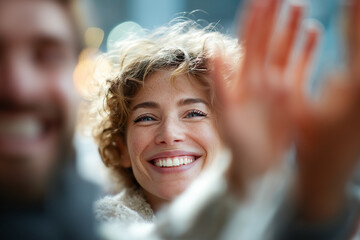 Joyful Woman Giving a High Five with Genuine Smile.  Positive energy, teamwork, and connection.
